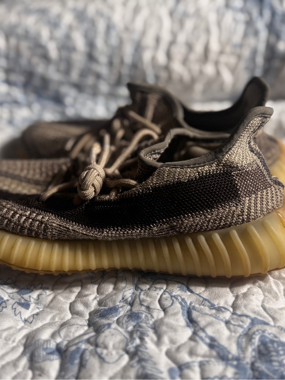 Yeezy Low-Top Knit Sneaker in Taupe, Black, and Yellow